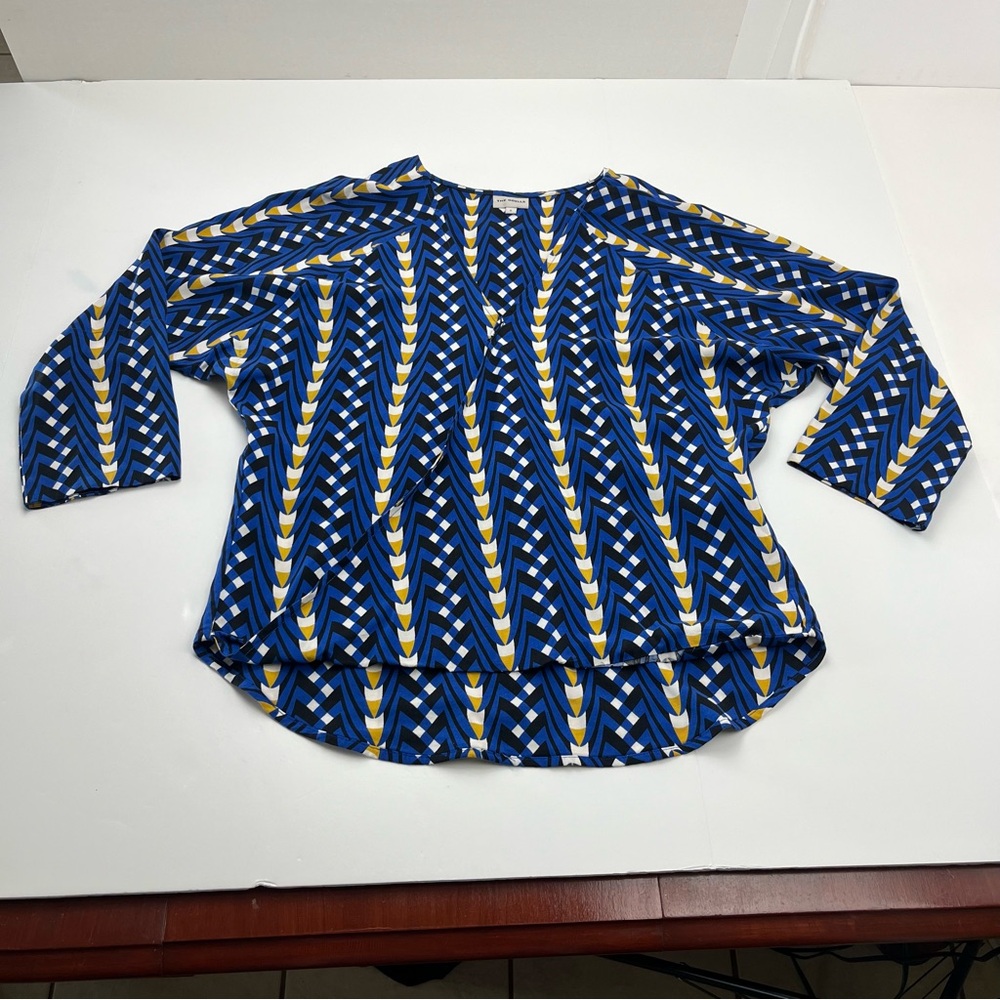 Anthropologie The Odells Alisha Blue Geometric Print Rayon Top Blouse Small FLAW